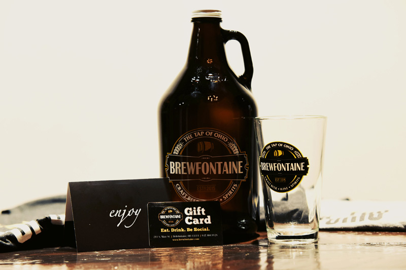 Brewfontaine gift card, shot glass and growler